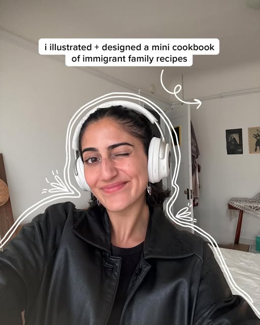 Sabina wearing headphones with hand-drawn white outlines, introducing her immigrant family recipes cookbook